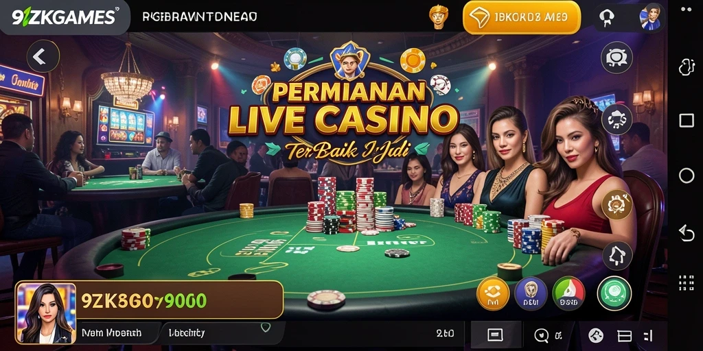 Screenshot utama 9ZKGAMES menunjukkan dealer langsung dan gameplay kasino yang menarik.