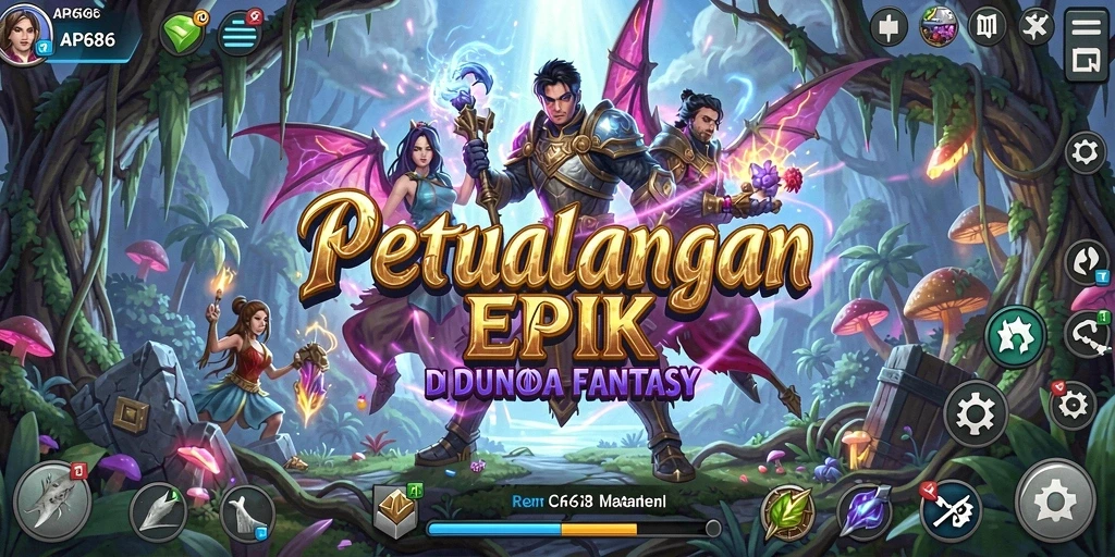 Tampilan screenshot utama AP686 menunjukkan pertempuran seru dalam dunia fantasi.