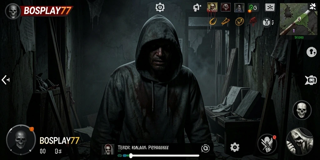 Screenshot gameplay menakutkan dari BOSPLAY77 dengan atmosfer horor yang mencekam.