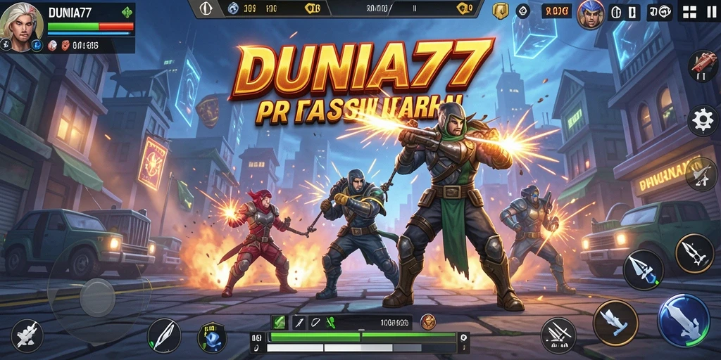 Screenshot menarik dari gameplay DUNIA77, menunjukkan pertarungan intens.