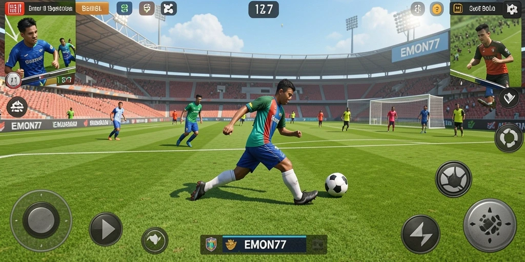 Screenshot gameplay EMON77 menampilkan aksi seru di lapangan sepak bola.