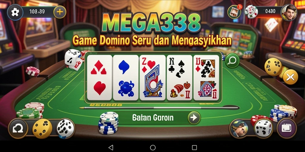 Screenshot gameplay MEGA338 dengan suasana permainan Domino yang mendebarkan.