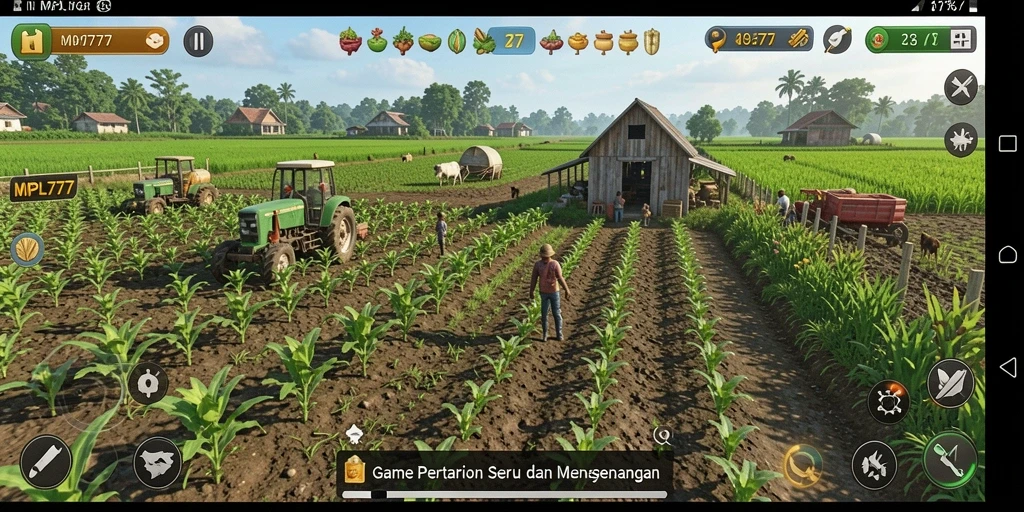 Tangkapan layar gameplay MPL777 yang menampilkan ladang pertanian yang subur.