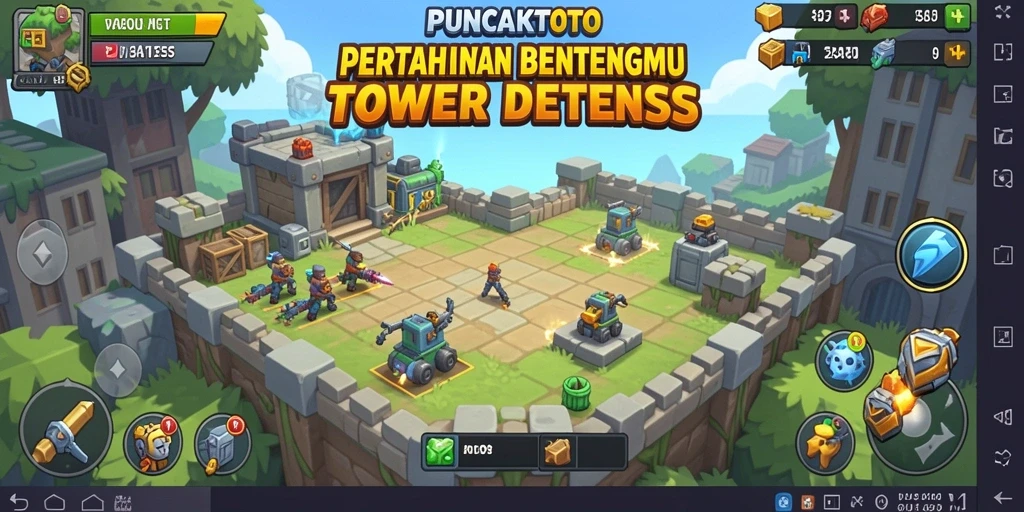 Tampilan gameplay PUNCAKTOTO dengan menara dan musuh yang mendebarkan.
