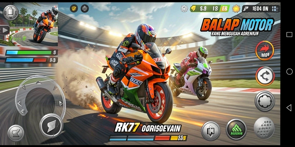 Gameplay RK77 yang intens dan mendebarkan saat balapan motor.