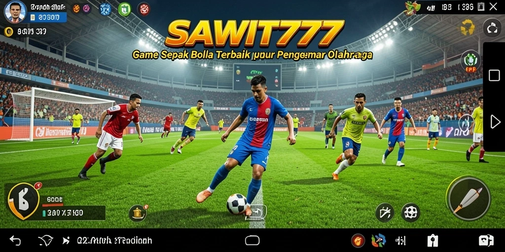 Screenshot utama menampilkan gameplay menegangkan dari pertandingan sepak bola.