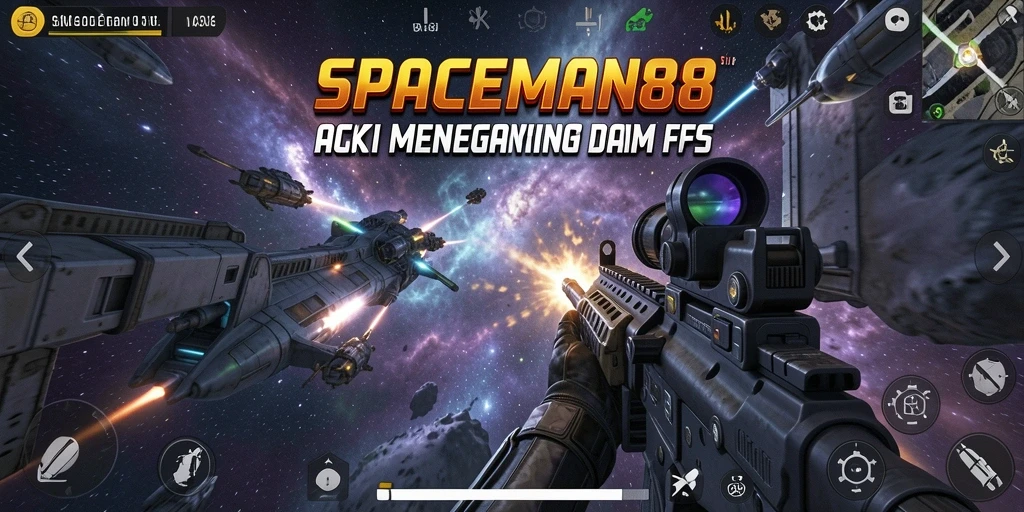 Menggambarkan aksi intens dalam gameplay FPS SPACEMAN88.
